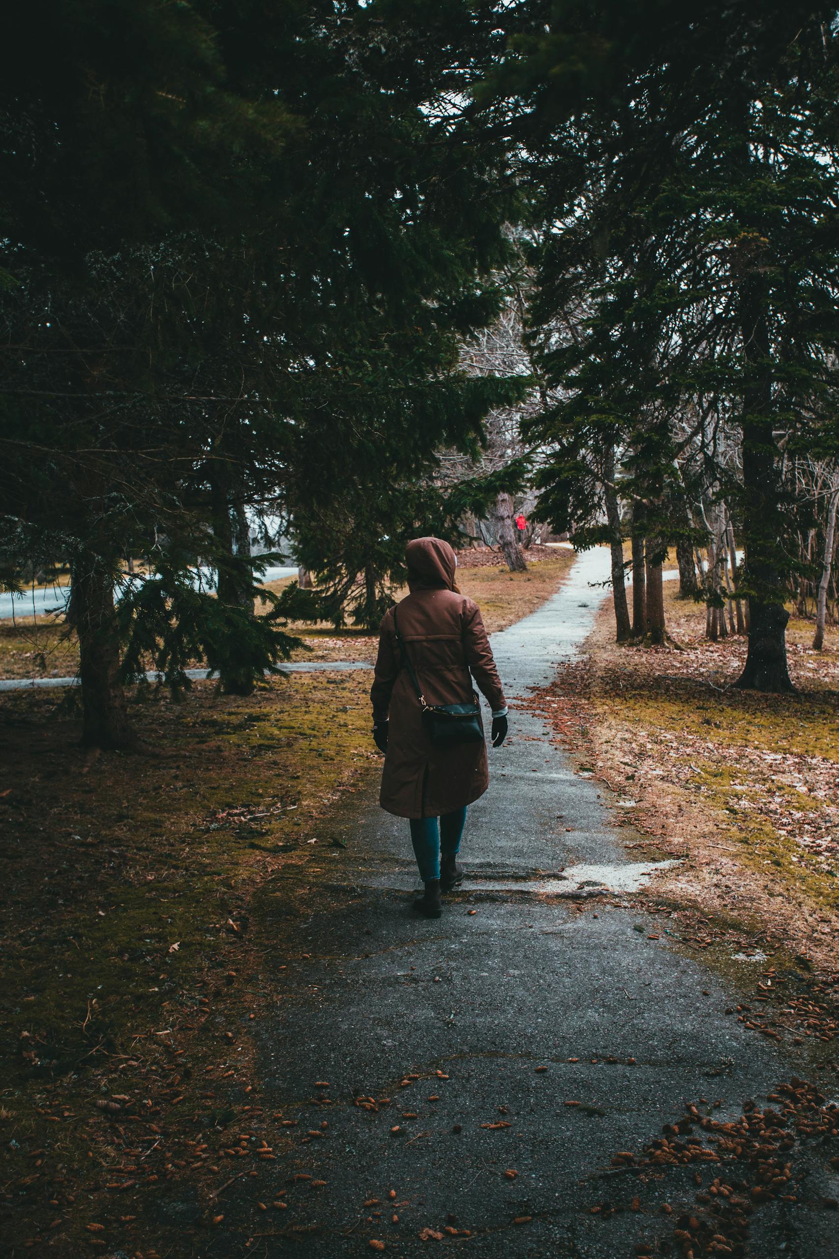 A woman in a coat walks on a forest path surrounded by autumn foliage.